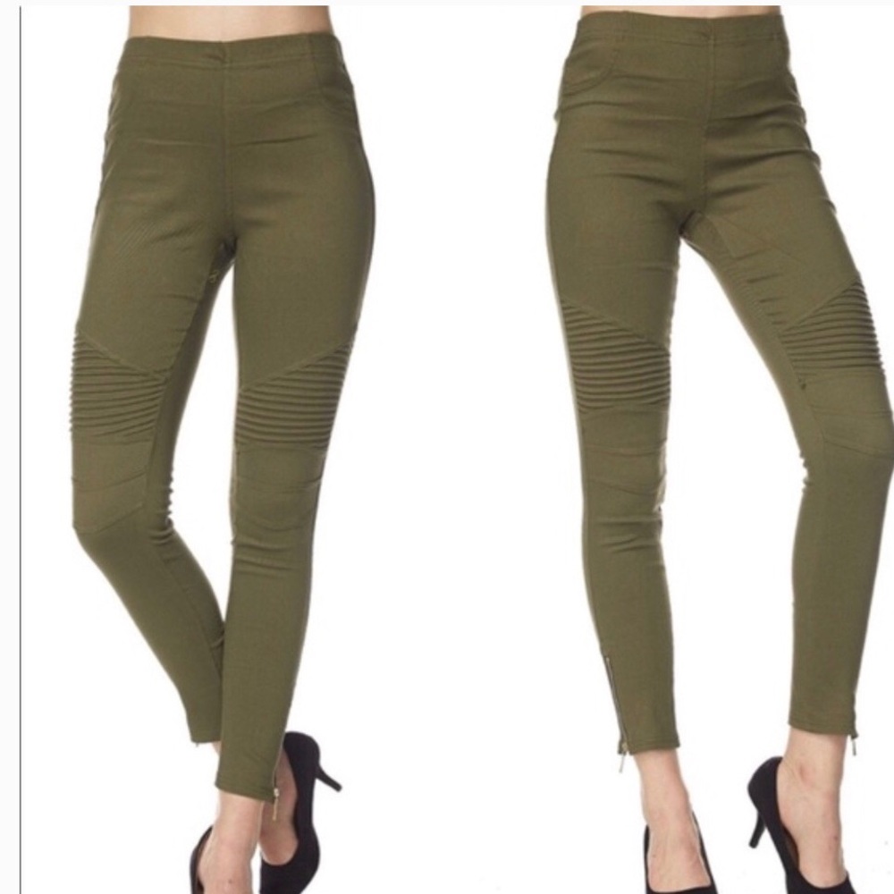 New Mix Olive Green Moto Biker Leggings | Ankle Zip Stretch Pants | Size L/XL